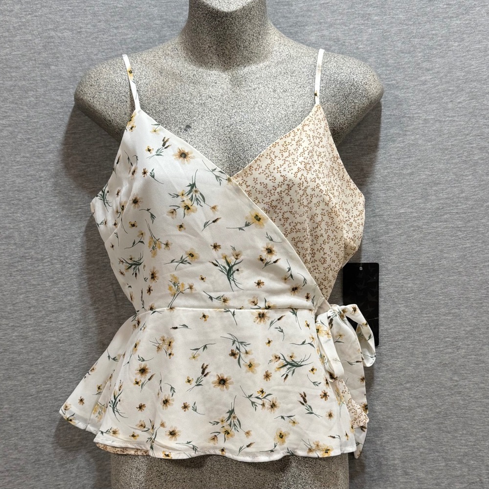 Paper‎ Crane Floral Peplum Wrap Top Womens Size S Cream Tan Cottagecore